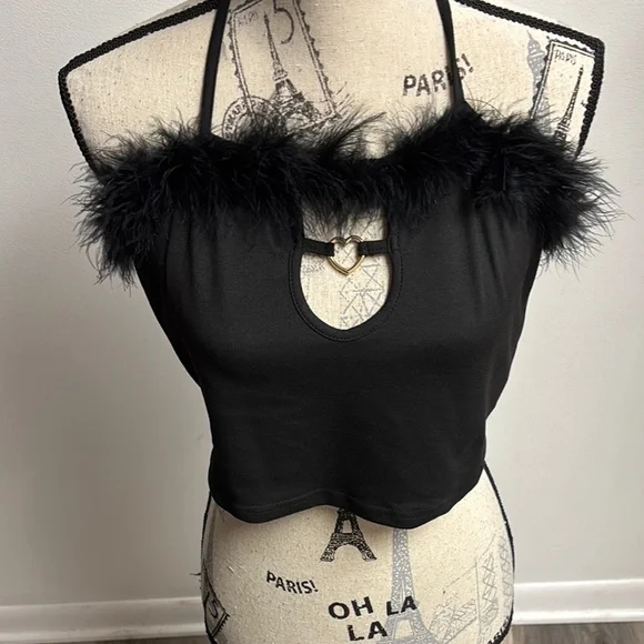 Black Feather Trim Crop Top with Cutout - Picture 3 of 14